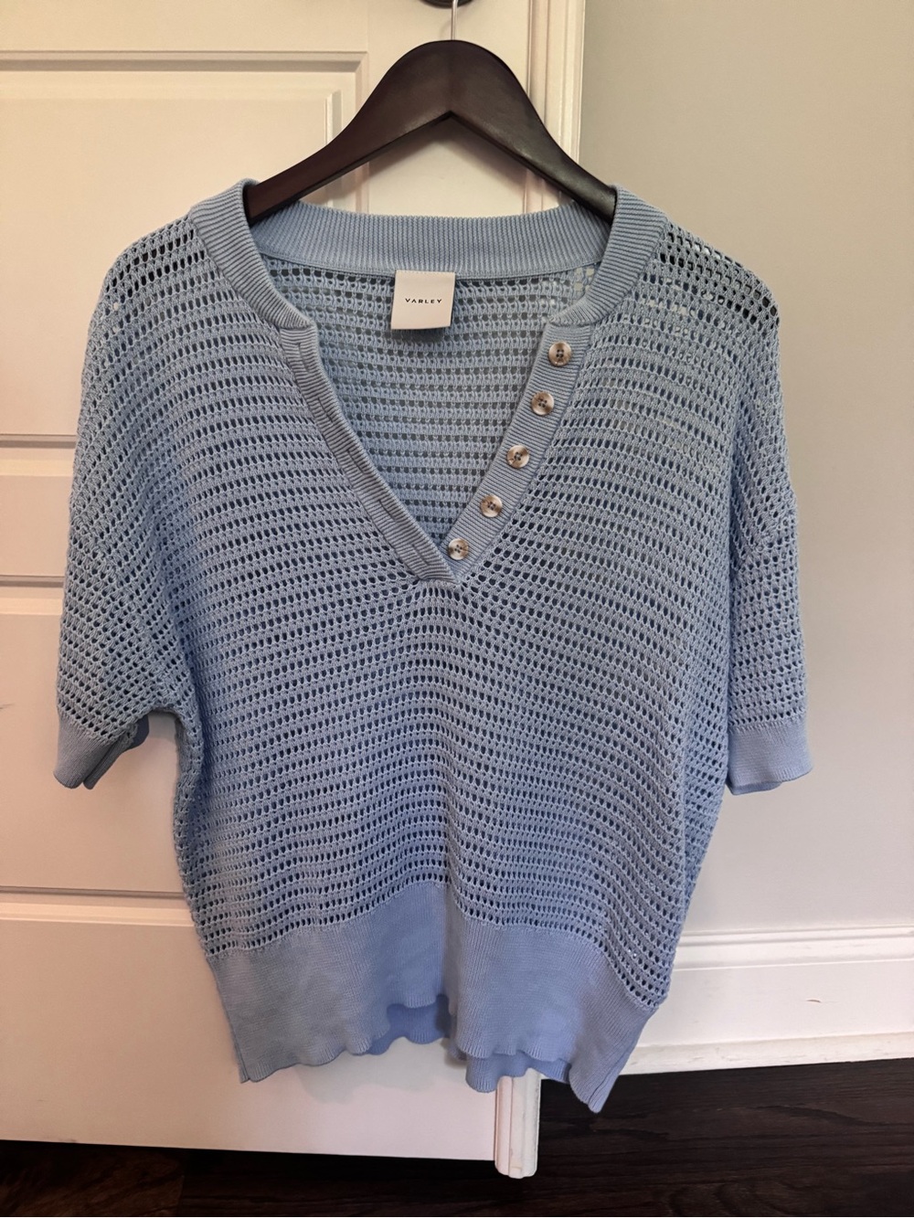 Varley Sky Blue Open-Knit V-Neck Sweater with Button Placket